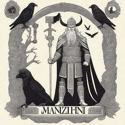 A striking image of Odin, the Norse god, standing majestically with his spear Gungnir and his ravens Huginn and Muninn