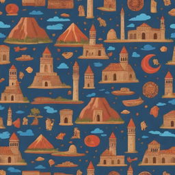 Stylised cartoon background showcasing popular Armenian symbols, landmarks, and cultural elements