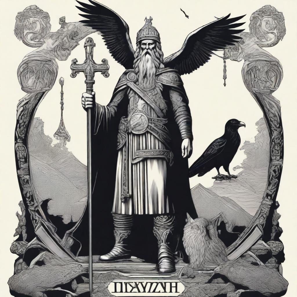 A striking image of Odin, the Norse god, standing majestically with his spear Gungnir and his ravens Huginn and Muninn