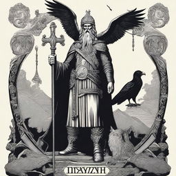 A striking image of Odin, the Norse god, standing majestically with his spear Gungnir and his ravens Huginn and Muninn