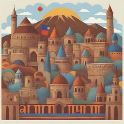 Stylised cartoon background showcasing popular Armenian symbols, landmarks, and cultural elements