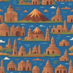 Stylised cartoon background showcasing popular Armenian symbols, landmarks, and cultural elements