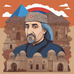 A cartoon-stylised background featuring famous Armenian hero, Sasunci Davit, surrounded by prominent Armenian landmarks and cultural symbols