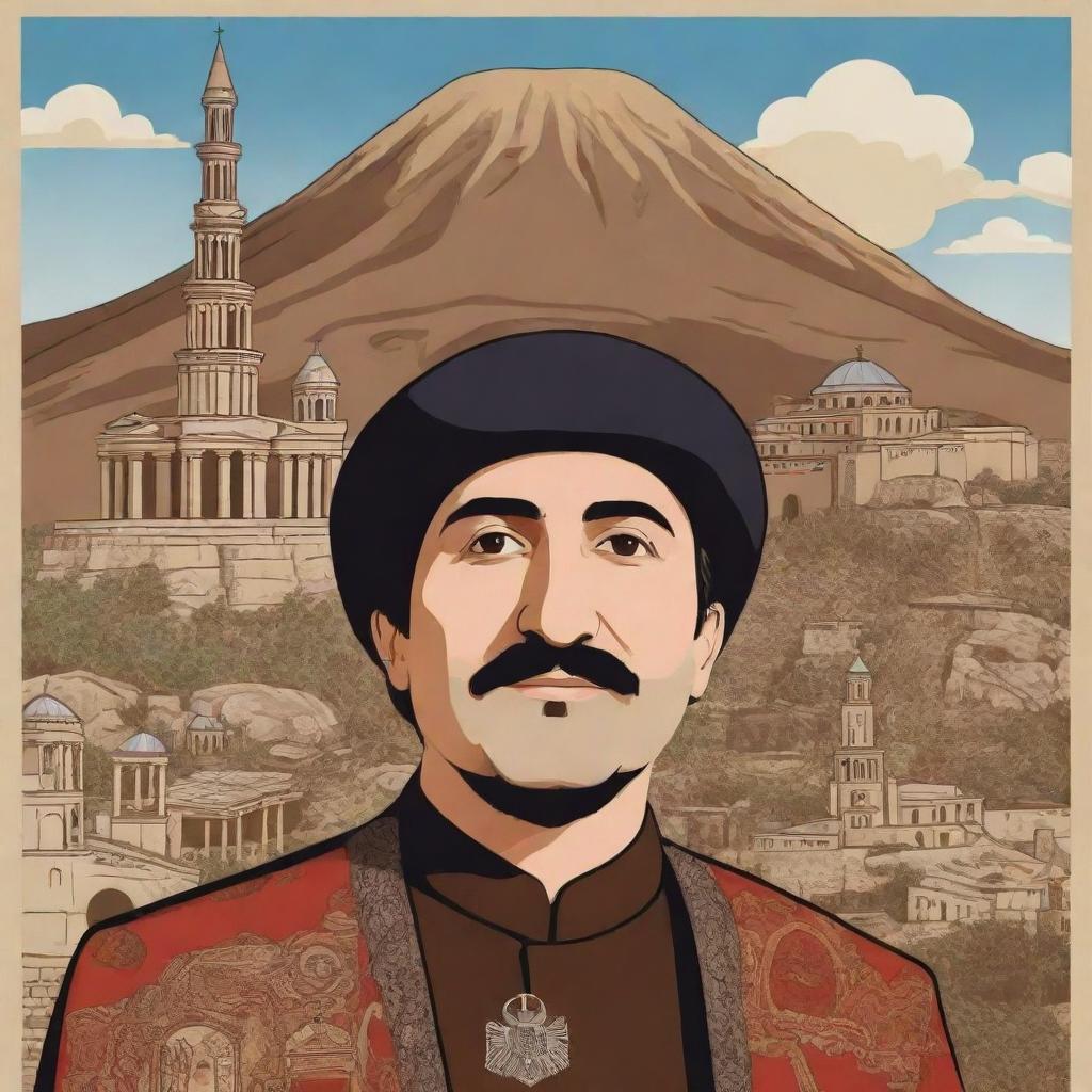 A cartoon-stylised background featuring famous Armenian hero, Sasunci Davit, surrounded by prominent Armenian landmarks and cultural symbols