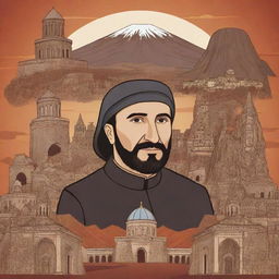 A cartoon-stylised background featuring famous Armenian hero, Sasunci Davit, surrounded by prominent Armenian landmarks and cultural symbols