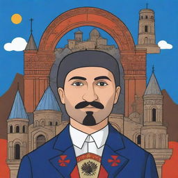 A cartoon-stylised background featuring famous Armenian hero, Sasunci Davit, surrounded by prominent Armenian landmarks and cultural symbols