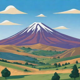 Cartoon-stylised background depicting the scenic Armenian landscapes, featuring prominent mountains like Mount Ararat.