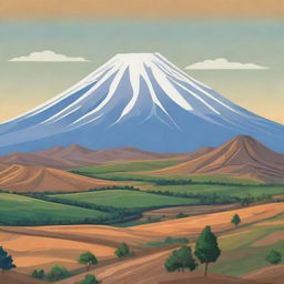 Cartoon-stylised background depicting the scenic Armenian landscapes, featuring prominent mountains like Mount Ararat.