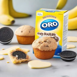 A promotional image for banana muffin flavored Oreo biscuits