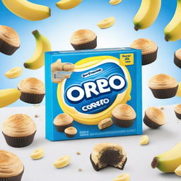 A promotional image for banana muffin flavored Oreo biscuits