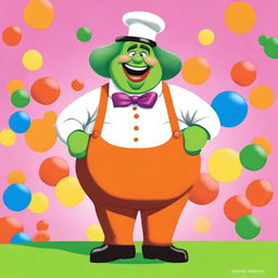 A whimsical illustration of a fat Oompa Loompa from Willy Wonka's chocolate factory