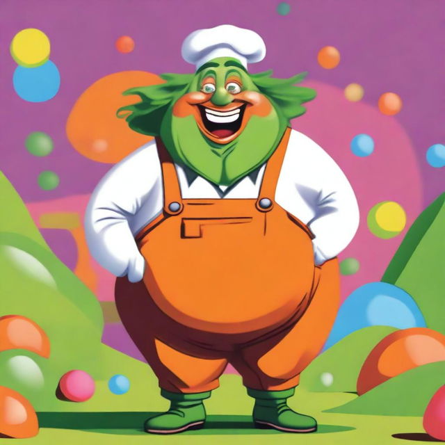 A whimsical illustration of a fat Oompa Loompa from Willy Wonka's chocolate factory