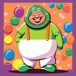 A whimsical illustration of a fat Oompa Loompa from Willy Wonka's chocolate factory