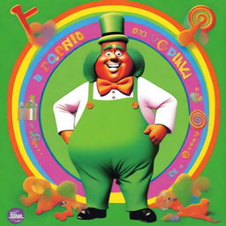 A whimsical film poster featuring a fat Oompa Loompa from Willy Wonka's chocolate factory