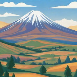 Cartoon-stylised background depicting the scenic Armenian landscapes, featuring prominent mountains like Mount Ararat.