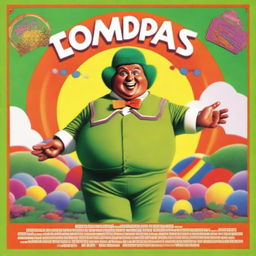 A whimsical film poster featuring a fat Oompa Loompa from Willy Wonka's chocolate factory