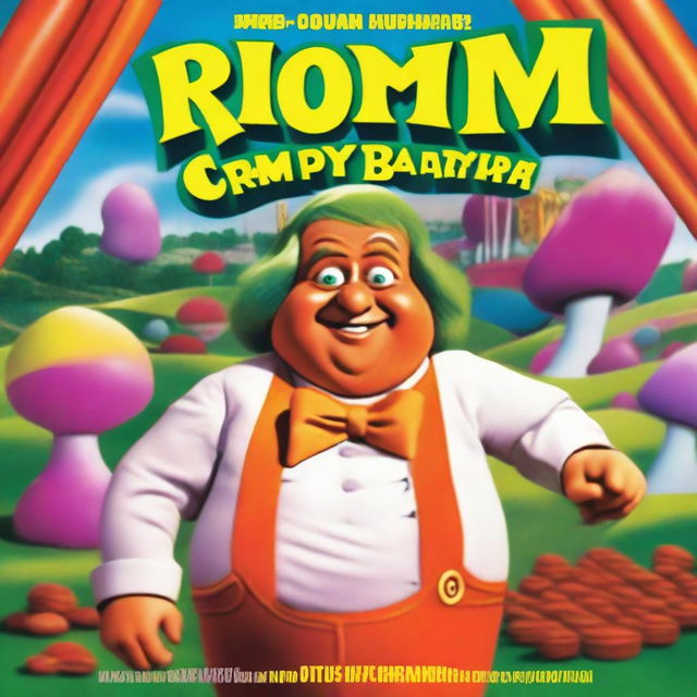 A whimsical film poster featuring a fat Oompa Loompa from Willy Wonka's chocolate factory