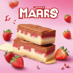 A promotional image for a strawberry custard flavored Mars bar