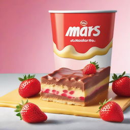 A promotional image for a strawberry custard flavored Mars bar