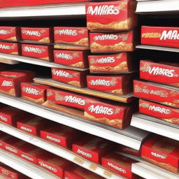 A realistic image of a strawberry custard flavored Mars bar displayed on a supermarket shelf