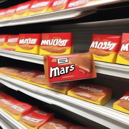 A realistic image of a strawberry custard flavored Mars bar displayed on a supermarket shelf