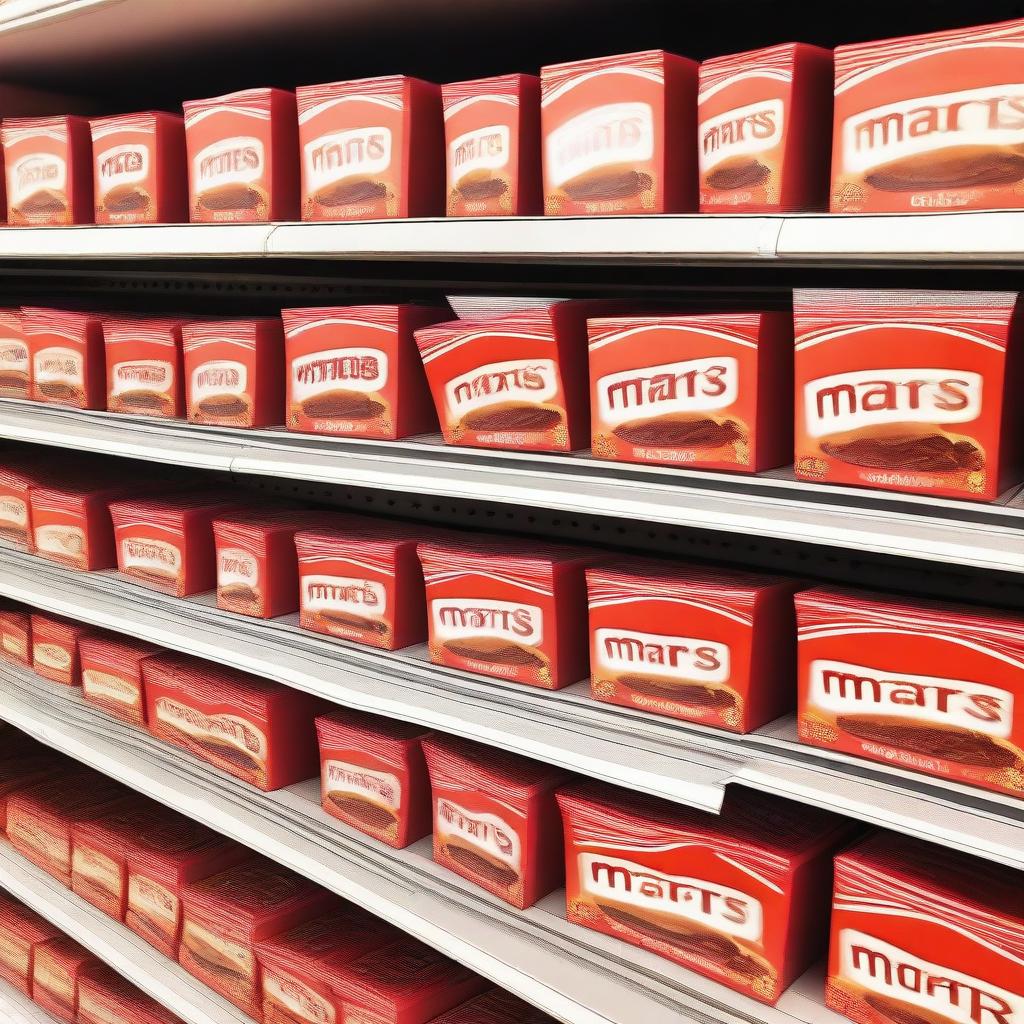 A realistic image of a strawberry custard flavored Mars bar displayed on a supermarket shelf