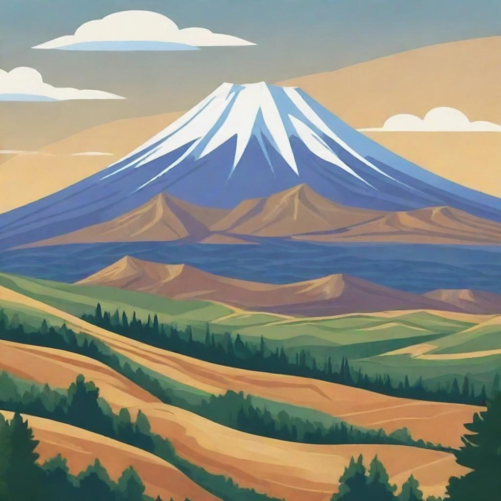 Cartoon-stylised background depicting the scenic Armenian landscapes, featuring prominent mountains like Mount Ararat.