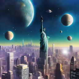 A futuristic depiction of New York City floating in space