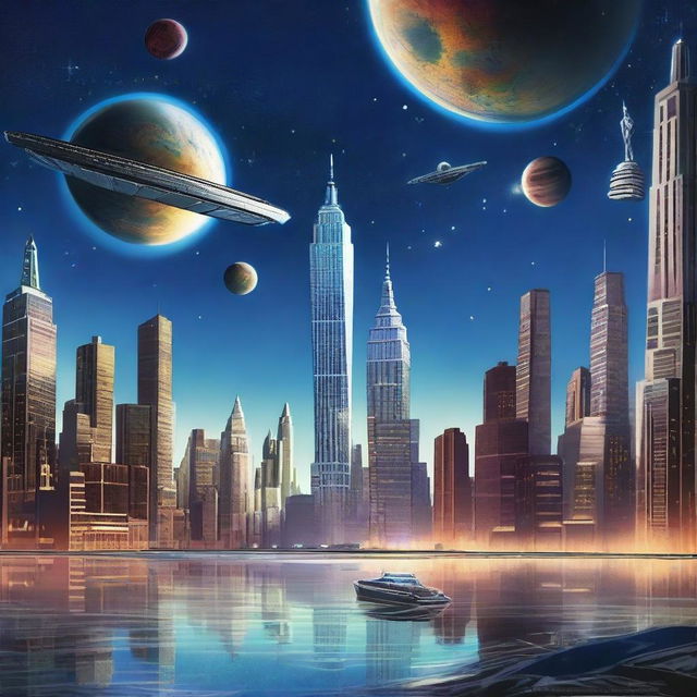 A futuristic depiction of New York City floating in space