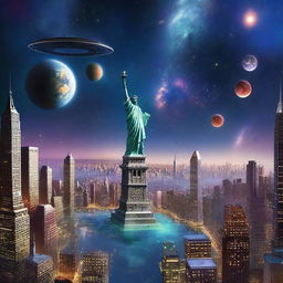 A futuristic depiction of New York City floating in space