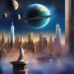 A futuristic depiction of New York City floating in space