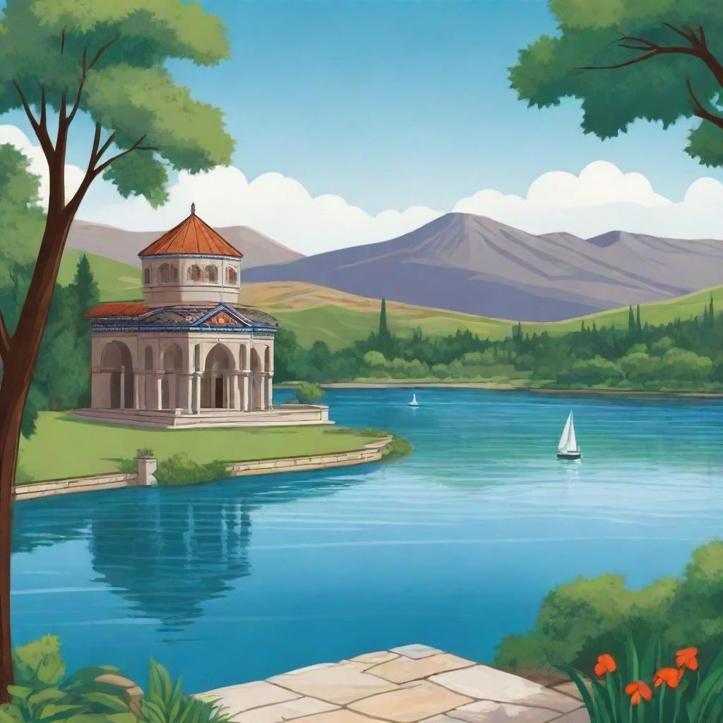 A stylised cartoon background featuring a serene Armenian lake, surrounded by lush greenery and traditional Armenian architecture