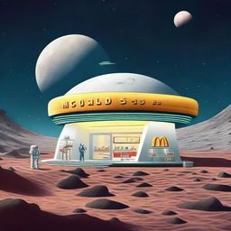 A futuristic and imaginative illustration of a McDonald's restaurant on the moon