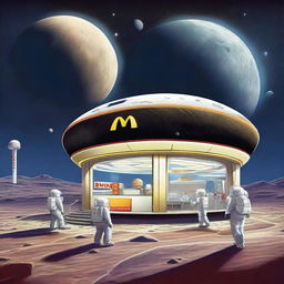 A futuristic and imaginative illustration of a McDonald's restaurant on the moon