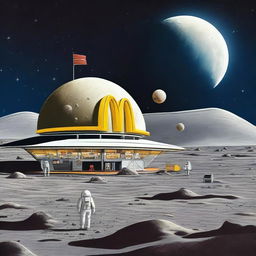 A futuristic and imaginative illustration of a McDonald's restaurant on the moon