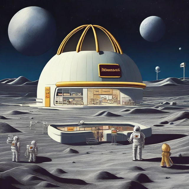 A futuristic and imaginative illustration of a McDonald's restaurant on the moon