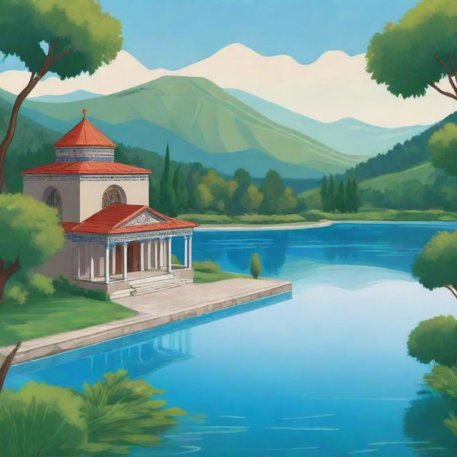 A stylised cartoon background featuring a serene Armenian lake, surrounded by lush greenery and traditional Armenian architecture