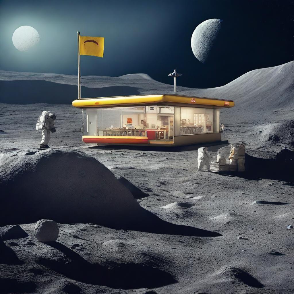 A series of realistic photos depicting a McDonald's restaurant on the moon