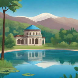 A stylised cartoon background featuring a serene Armenian lake, surrounded by lush greenery and traditional Armenian architecture