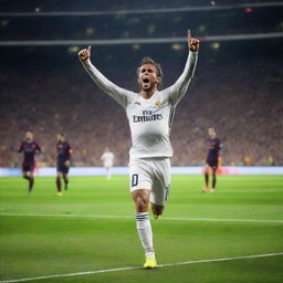 A European soccer player celebrating a goal against Barcelona while playing for Real Madrid