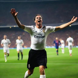 A European soccer player celebrating a goal against Barcelona while playing for Real Madrid