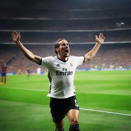 A European soccer player celebrating a goal against Barcelona while playing for Real Madrid