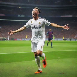 A European soccer player celebrating a goal against Barcelona while playing for Real Madrid