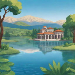 A stylised cartoon background featuring a serene Armenian lake, surrounded by lush greenery and traditional Armenian architecture