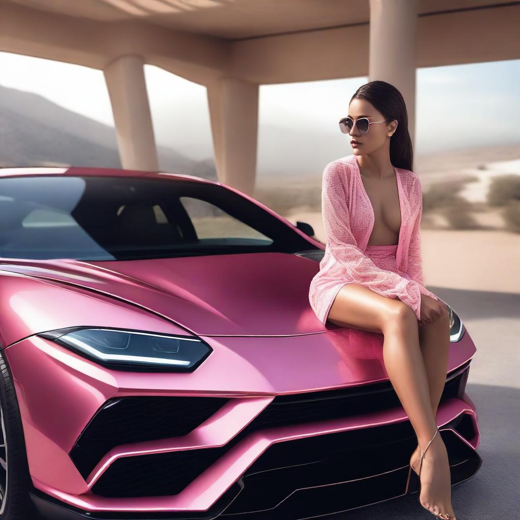 A girl wearing a bikini with a pink transparent cardigan is sitting inside a Lamborghini Urus