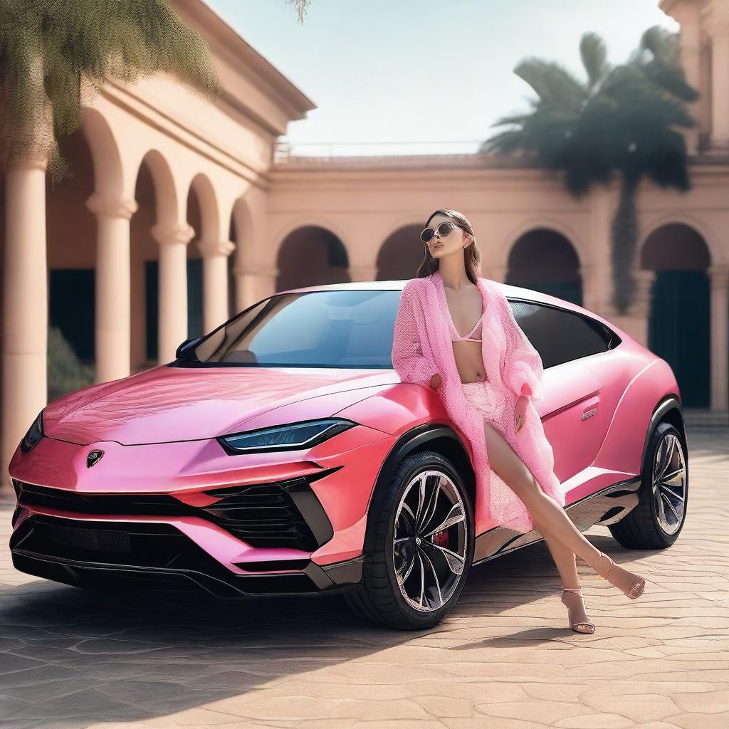 A girl wearing a bikini with a pink transparent cardigan is sitting inside a Lamborghini Urus