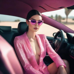 A girl wearing a bikini with a pink transparent cardigan is sitting inside a Lamborghini Urus