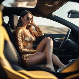 A girl wearing a bikini is sitting inside a Lamborghini Urus