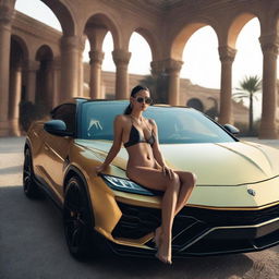 A girl wearing a bikini is sitting inside a Lamborghini Urus