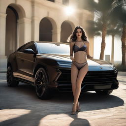 A girl wearing a bikini is sitting inside a Lamborghini Urus